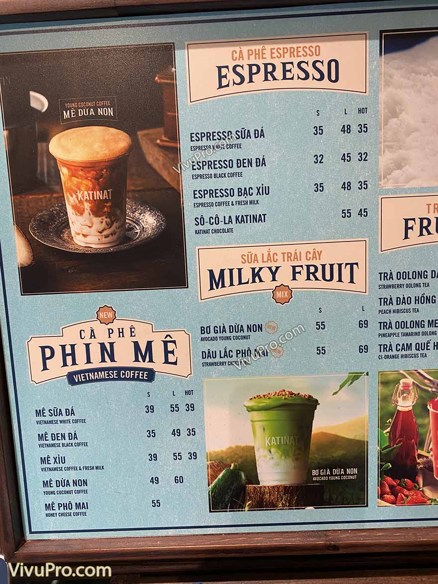 Menu đồ uống tại Katinat Đà Lạt