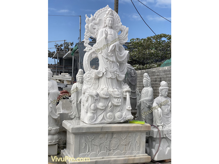 Tượng Quan Âm Cưỡi Rồng Đá Cẩm Thạch Trắng
