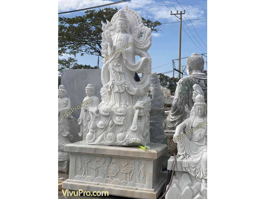 Tượng Quan Âm Cưỡi Rồng Đá Cẩm Thạch Trắng