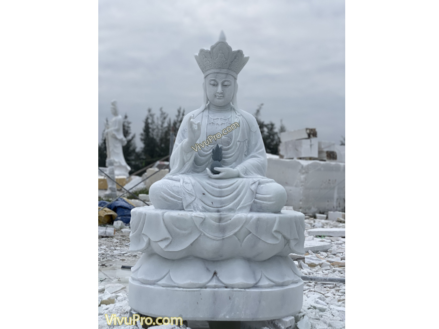 Tượng Phật Địa Tạng Ngồi Đài Sen Đá Trắng