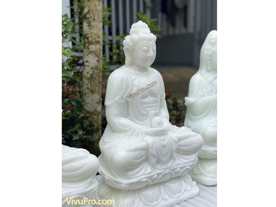 Tượng Phật A Di Đà Ngồi Đài sen Đá Trắng Xanh Nhẹ