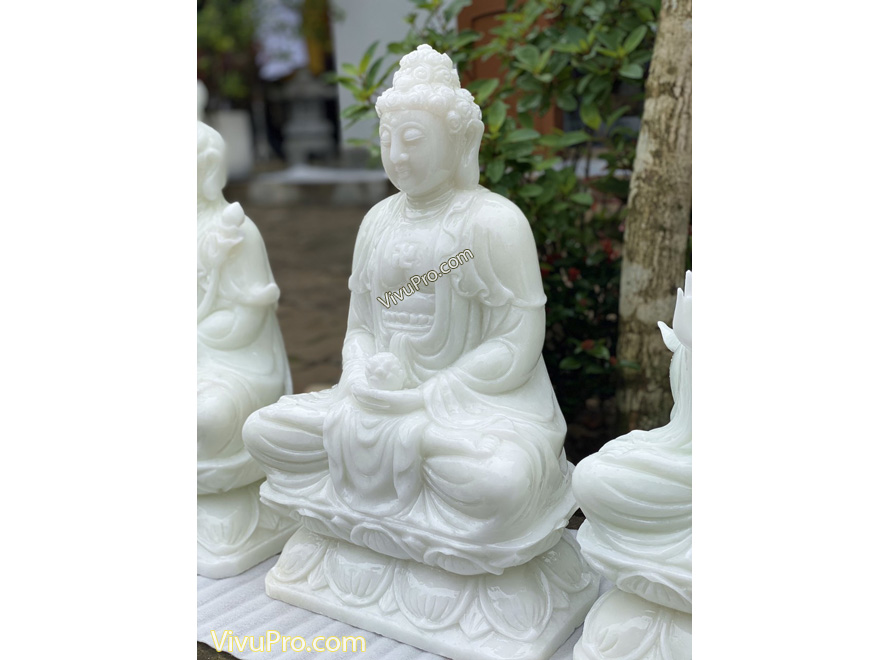 Tượng Phật A Di Đà Ngồi Đài sen Đá Trắng Xanh Nhẹ